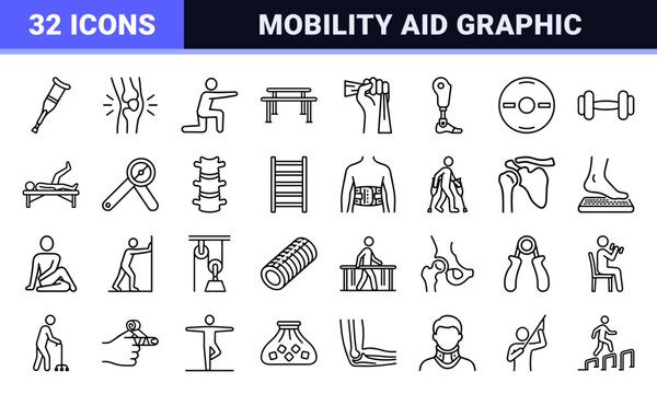 Physical Therapy and Mobility Aid Symbols Featuring Technical Monoline Aesthetic for Rehabilitation Medicine and Healthcare Interface Design