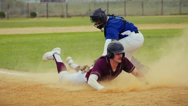 Baseball player slides into base during game