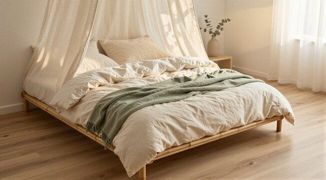 Bed with draped canopy and rumpled linens in bedroom