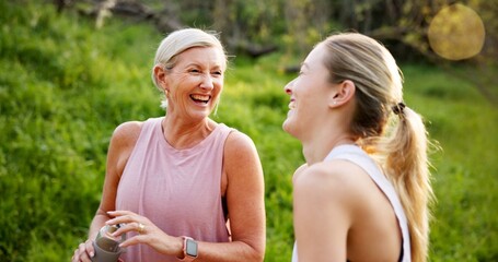 Fitness, laughing and mom with girl in nature for workout, outdoor exercise or wellness for health. Mature mother, daughter or happy women in park for training, sports routine or bonding in Australia © peopleimages.com