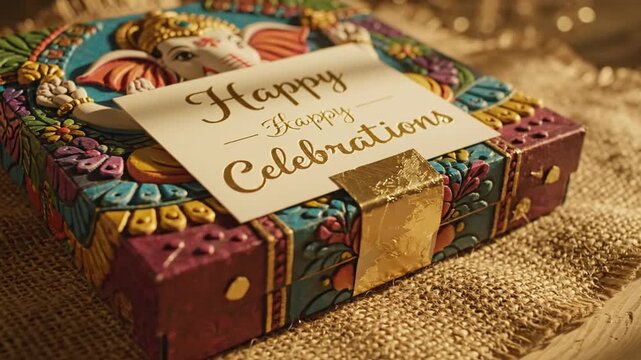 Ornate Decorative Box Featuring Lord Ganesha Artwork with Golden "Happy Celebrations" Greeting Card Placed On Top With Soft Warm Lighting and Rustic Burlap Background