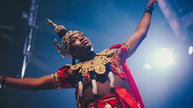 Dynamic Male Dancer in Ceremonial Costume Performs with Graceful Movements, Embodying Strength and Cultural Heritage on Stage.