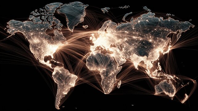 Illuminated world map with fiber connections showing glowing routes and nodes across continents, busy data flows with realtime monitoring overlay, emphasizing digital transformation and cloud backbone