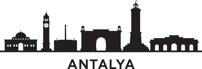Naklejka premium Antalya City Skyline Silhouette Vector Illustration featuring Famous Turkish Landmarks and Building