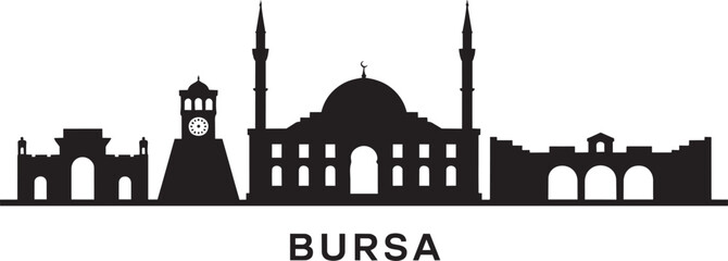 Fototapeta premium Bursa Turkey City Skyline Silhouette with Historical Landmarks Ottoman Architecture Graphic Design