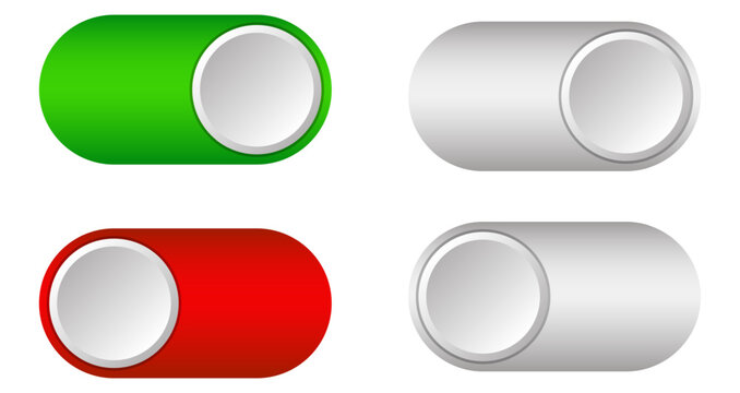 Set of 3D toggle switch icons for on and off positions. Colorful red, green, and gray sliders for web interface. Vector illustration.