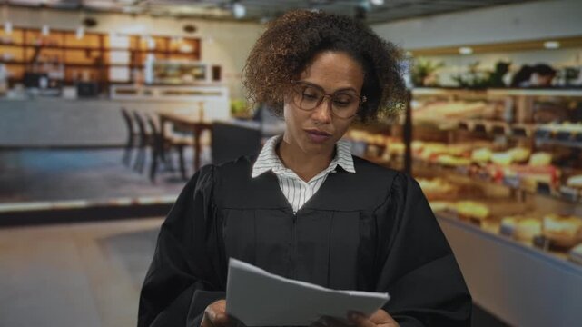 Woman judge reading papers in a bakery coffee shop indoors, holding document and wearing judicial robe; concentration duty justice.