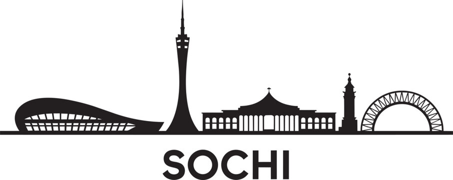 Silhouette skyline graphic illustration of Sochi landmarks with city name text below.
