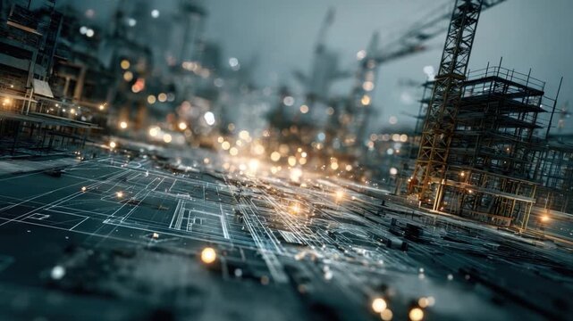 Urban Construction under Lights: A dynamic scene of a modern construction site at dusk, illuminated by a network of lights against the backdrop of an evolving cityscape.