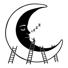 Sleeping crescent moon with ladders and tiny people climbing whimsical black and white style © AdrianGebert