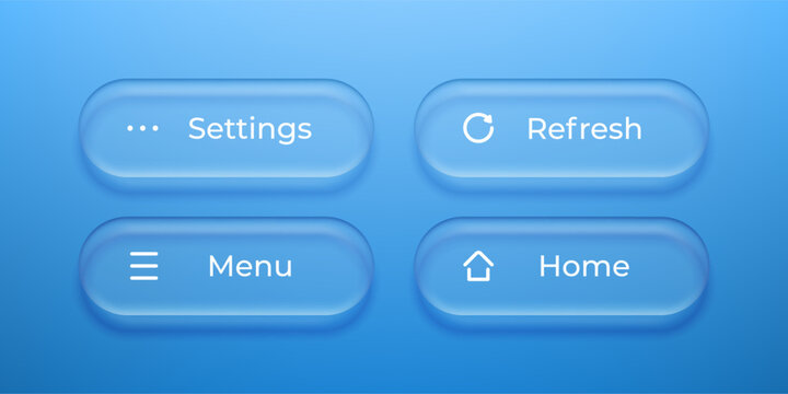 Liquid glass morphism buttons with navigation icons on blue background. Set of user interface elements for website or mobile application design. Modern ui ux element vector graphic.