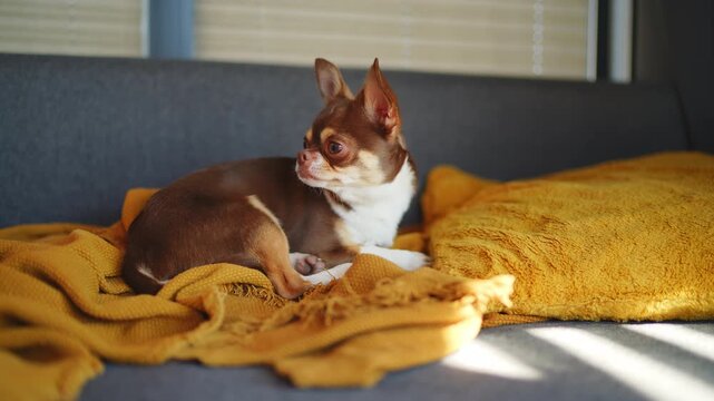 A cute brown and white chihuahua relaxes, curls up, and then sits alertly on a cozy mustard yellow blanket on a grey couch, capturing a pet calm moments at home