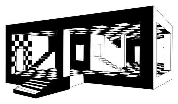 Surreal architectural interior with checkered floors and multiple stairs in impossible geometry style