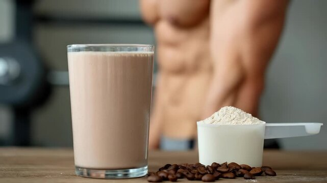 Muscle building protein sports nutrition cocktail, proper energy boost for an athletic workout, supporting strength, physique development, and active lifestyle wellness