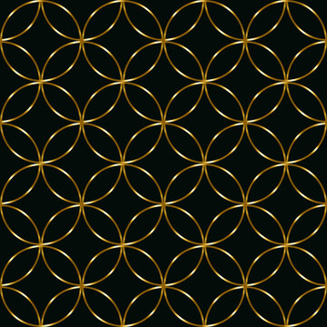 Seamless elegant pattern of overlapping golden circles in a repeating geometric grid on a deep black background