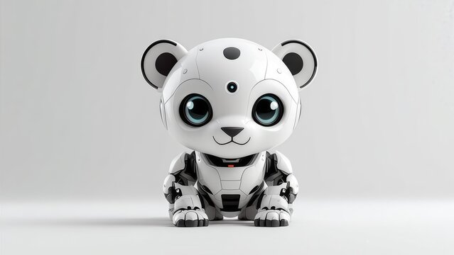 Futuristic cute white robot panda toy with big glowing eyes and mechanical joints isolated on white background