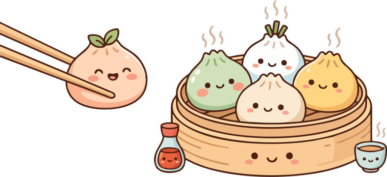 Cute Kawaii Dumpling Characters in Bamboo Steamer with Chopsticks &ndash; Dim Sum Cartoon Vector Illustration