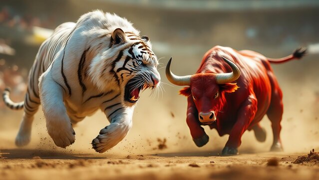 Intense dramatic confrontation between a powerful white tiger and a charging red bull in a dusty arena with action motion blur