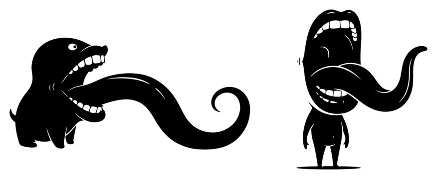 Surreal monster creatures with giant long tongues in minimalist cartoon style