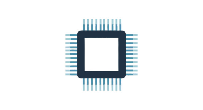 A stylized, minimalist illustration of a central processing unit (CPU) microchip with numerous pins extending outwards.