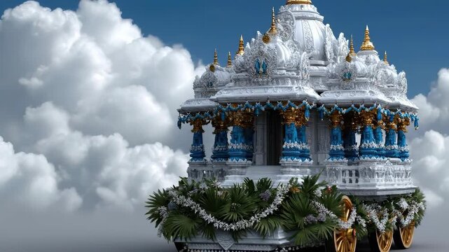 Rath Yatra, majestic ceremonial chariot, elaborately adorned temple inspired structure, religious Hindu festival, serene divine procession, floating amongst white clouds, sacred devotional journey