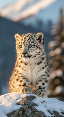 Obraz premium Cute Snow Leopard Cub Sitting on a Rock.