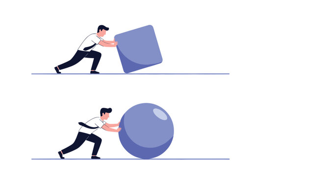 Work efficiency comparison shows a person struggling to push a heavy cube versus someone easily rolling a smooth ball.