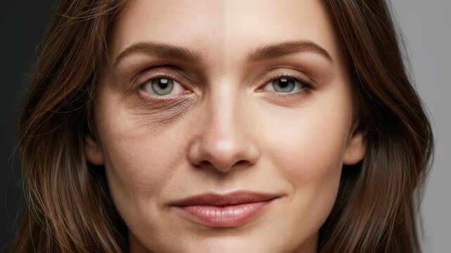 A woman's face, starkly contrasting the visible deterioration from drug and alcohol abuse, an unhealthy lifestyle, with the vibrant radiance of well being, good choices, and vitality