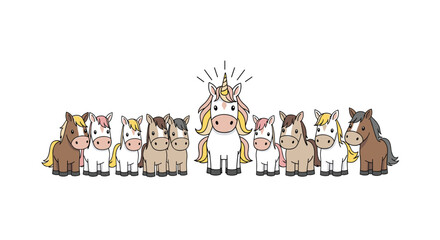 Fototapeta premium Standing out from the crowd concept features a line of ordinary brown and white horses with a magical unicorn in the center.