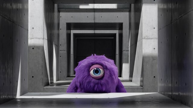 A purple monster with one eye is standing in a dimly lit industrial corridor looking forward.