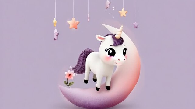 ?Magical unicorn sitting on a crescent moon with dangling stars animation