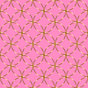 Seamless geometric pattern of overlapping golden circles arranged in a repeating grid on a vibrant hot pink background