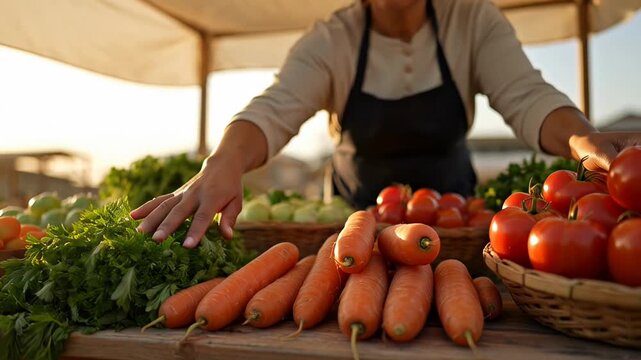 ?Woman organizing fresh vegetables at outdoor market stall