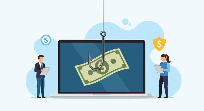Online financial fraud and phishing scam depicted by a dollar bill on a laptop screen being caught by a fishing hook.