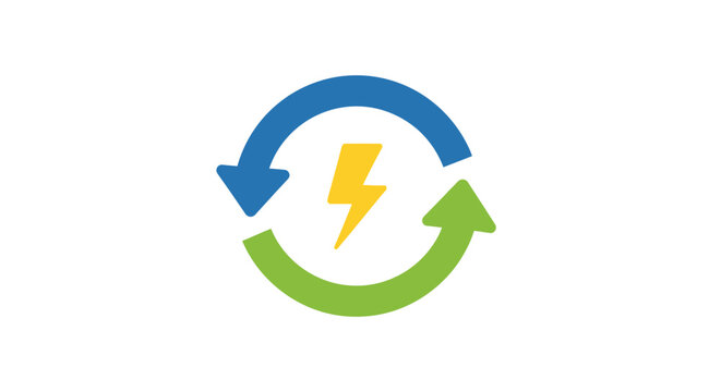 Renewable energy concept with rotating arrows, lightning bolt, and vibrant colors
