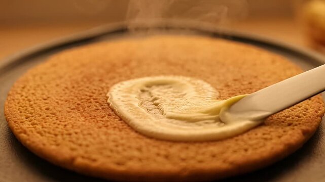 Close up of butter melting on a warm round pancake