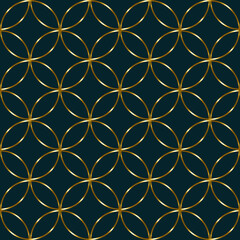 Seamless geometric pattern of overlapping golden circles in a repeating grid on a deep teal background. Elegant metallic gold outlines form a clean modern abstract design © paultarasenko