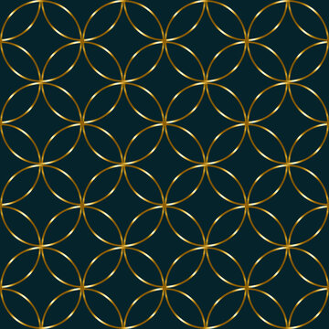 Seamless geometric pattern of overlapping golden circles in a repeating grid on a deep teal background. Elegant metallic gold outlines form a clean modern abstract design