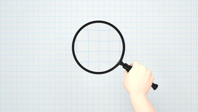 Graph paper with a magnifying glass held in one hand - 3D rendering
