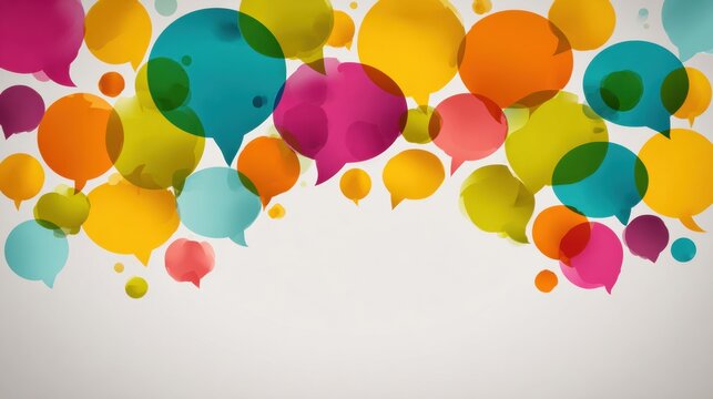Overlapping speech bubbles create a network pattern in bright colors on a clean background, representing communication and connection in a modern way.