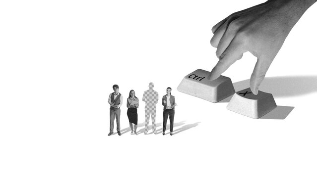 Hand pressing control X key removing selected person from group lineup in minimal monochrome scene. Concept of exclusion, job dismissal, social rejection and psychological pressure.