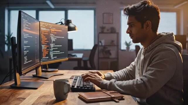 Programmer writes code on computer at home. Male programmer typing code on dual screens. Developer works on code project. Young man uses computer for coding. Programmer sits at home desk with code.