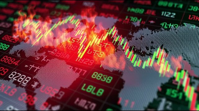 Capital war financial conflict. Investment strategy. Investment conflict. Digital map with stock market data and fiery graphical overlays