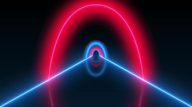Neon Arc Tunnel With Blue Laser Lines And Pink Halo.