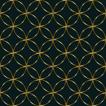 Seamless luxury geometric pattern with overlapping golden circles in a repeating grid on a deep teal-black background