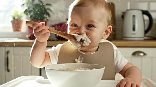 Messy baby eats porridge with spoon in kitchen highchair. Toddler feeds with yogurt making mess. Happy baby eating porridge breakfast. Child feeds messy meal with spoon in kitchen highchair.
