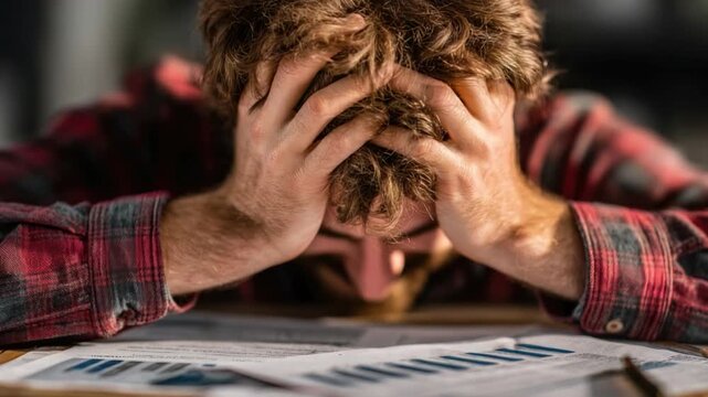 Overwhelmed by Workload: A person embodies the weight of stress and pressure. Head in hands. Depicting the silent struggles of work stress and the toll it takes on mental well-being