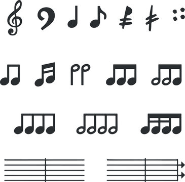Minimalist Music Note Icons Vector Set with Treble Clef and Staff Lines
