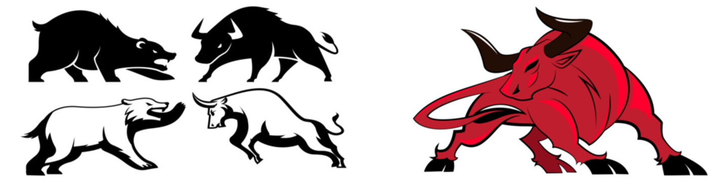 Bear versus bull fighting vector illustration. Two bulls are fighting in front. Hand drawn bear and bull heads. Editable stroke.