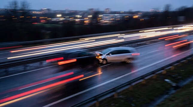 Car Accident Collision on Wet Highway at Night with Motion Blur